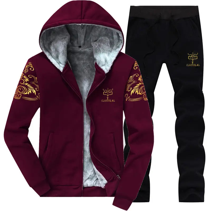 Winter Fleece Two-Piece Suit Black Gold Embroidered