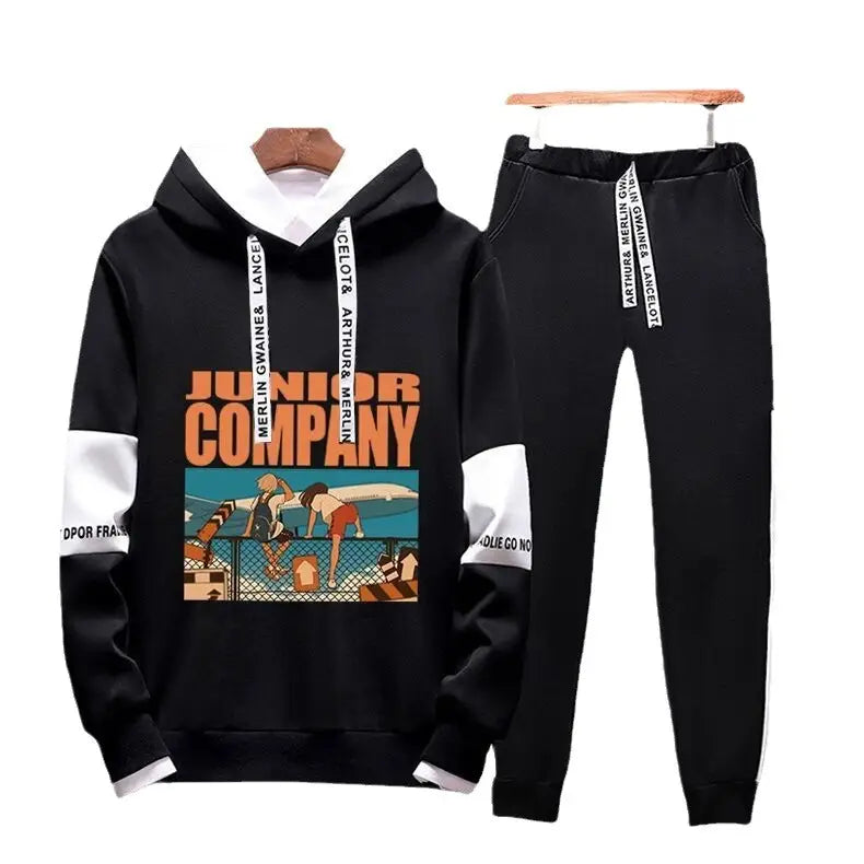 Men Black Graphic Hoodie & Pants Set Casual Sporty