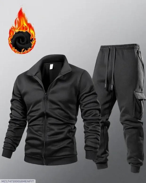 Men Black Fleece Zipper Track Suit 2Pcs Cozy Warm