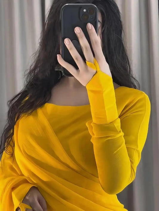 3 Pcs Women’s Yellow Chiffon Plain Stitched Saree