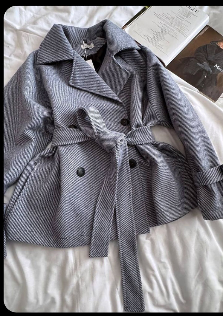 Grey belted wool short coat