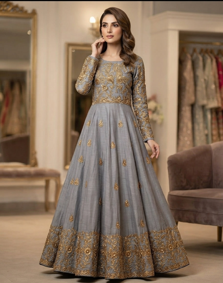 Stitched Grey & Gold Embroidered Shamoz Silk Maxi and Trouser