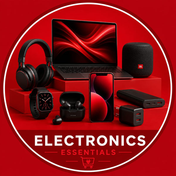 A circular graphic featuring assorted electronics including a laptop, smartphone, camera, headphones, earbuds, and a speaker, with the word 'Electronics' on a dark banner below.