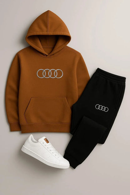 Men Audi Logo Fleece Hoodie Track Suit Brown Black Winter