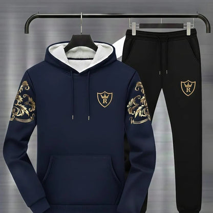 Men Royal Crest Blue Hoodie Track Suit Winter Warm Fleece