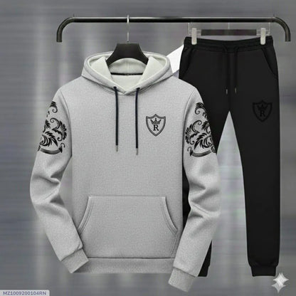 Men Grey Black Royal Crest Hoodie Track Suit Winter Fleece