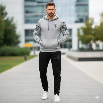 Men Grey Black Royal Crest Hoodie Track Suit Winter Fleece