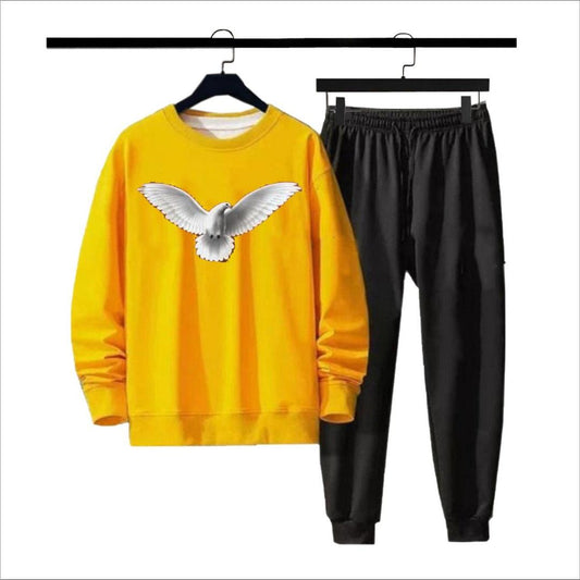 Men Printed Fleece Track Suit Yellow 2Pcs