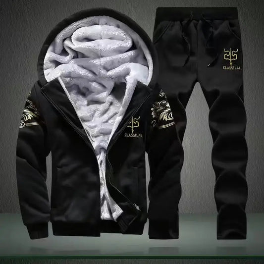 Winter Fleece Two-Piece Suit Black Gold Embroidered