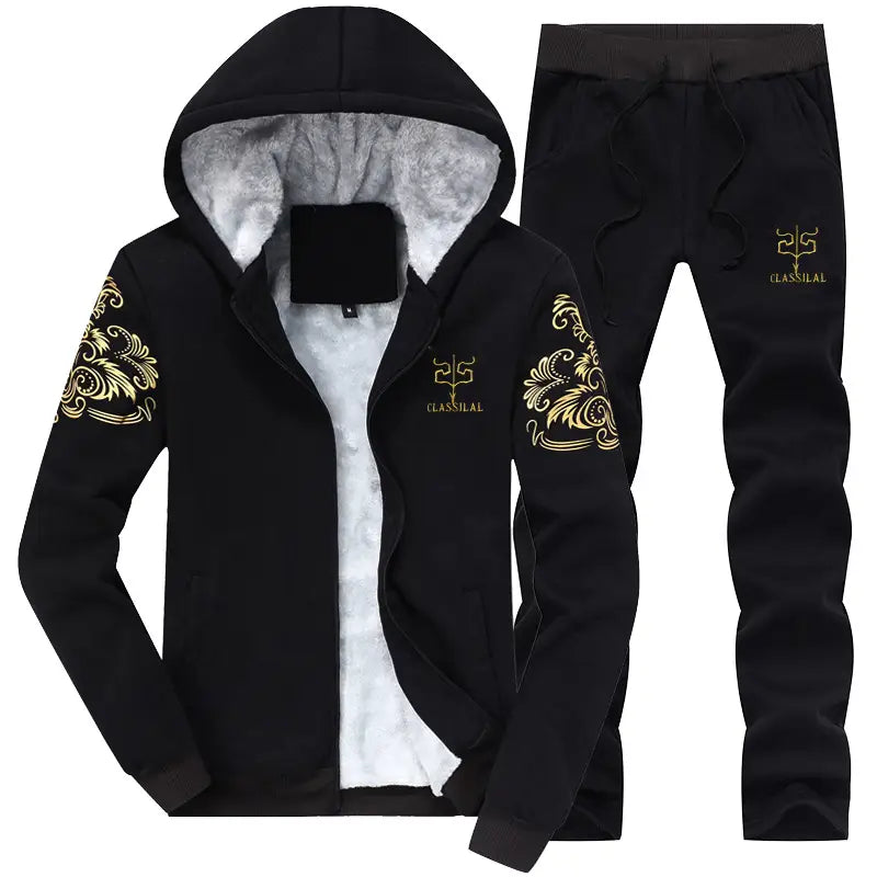 Winter Fleece Two-Piece Suit Black Gold Embroidered