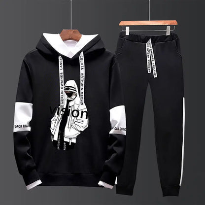 Men Black Graphic Hoodie & Pants Set Casual Sporty