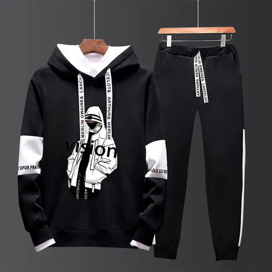 Men Black Graphic Hoodie & Pants Set Casual Sporty