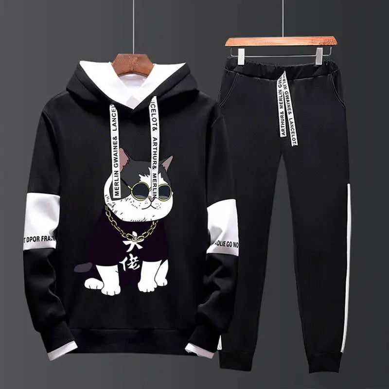 Men Black Graphic Hoodie & Pants Set Casual Sporty