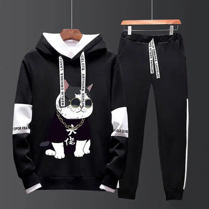 Men Black Graphic Hoodie & Pants Set Casual Sporty