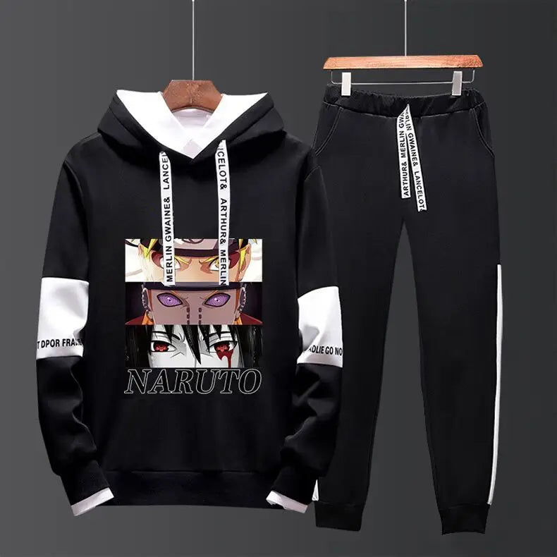Men Black Graphic Hoodie & Pants Set Casual Sporty