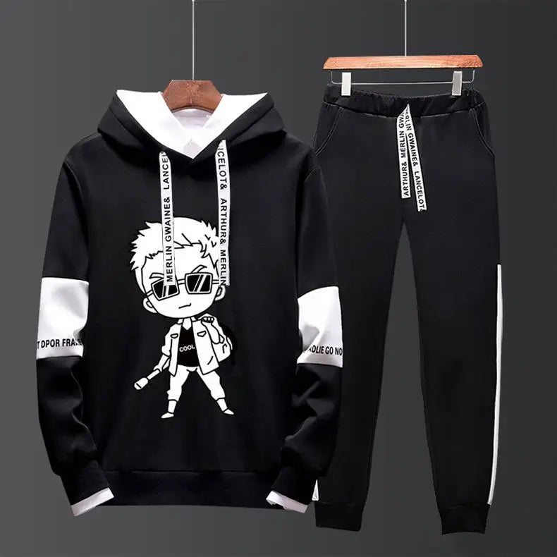 Men Black Graphic Hoodie & Pants Set Casual Sporty