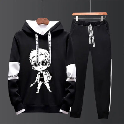 Men Black Graphic Hoodie & Pants Set Casual Sporty