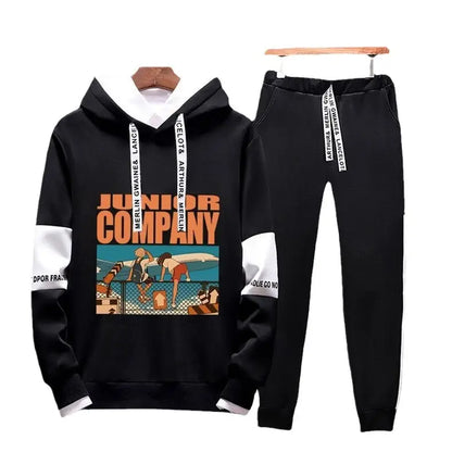 Men Black Graphic Hoodie & Pants Set Casual Sporty