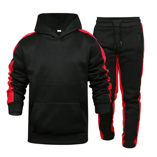 Men Black Red Hoodie Track Suit Winter Casual