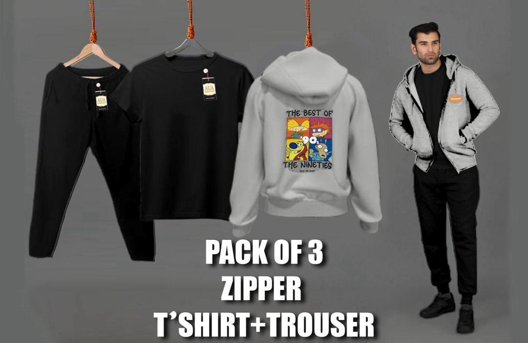 Men Fleece Zipper Track Suit Black 3Pc Winter Casual