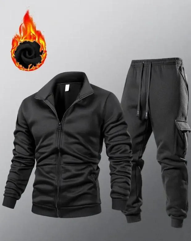 Men Black Fleece Zipper Track Suit 2Pcs Cozy Warm