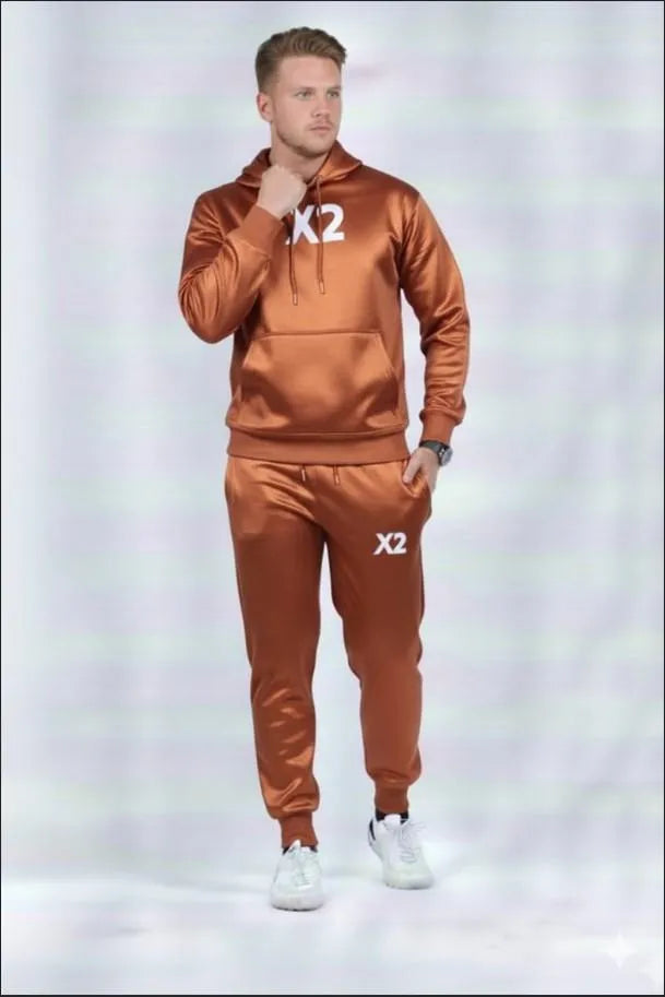 Men Brown Printed Hoodie Track Suit XL