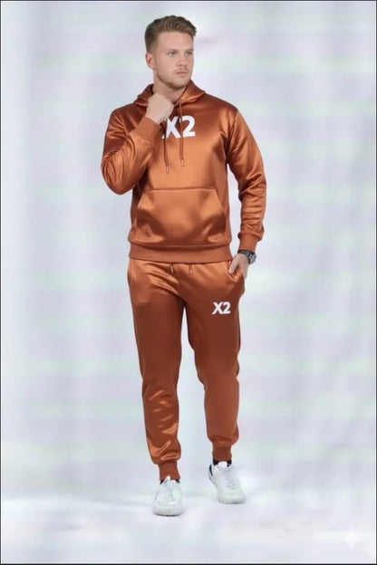 Men Brown Printed Hoodie Track Suit XL