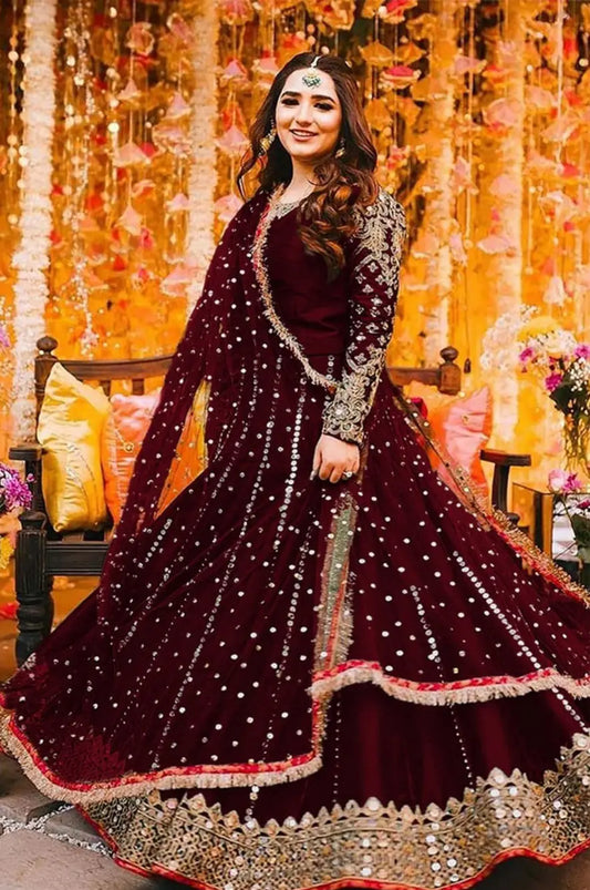 Women's Heavy Embroidered Silk Maxi 3 Piece Suit with Mirror Work, Pearl Lace Chiffon Dupatta & Trouser – Pakistani Party Wear Dress