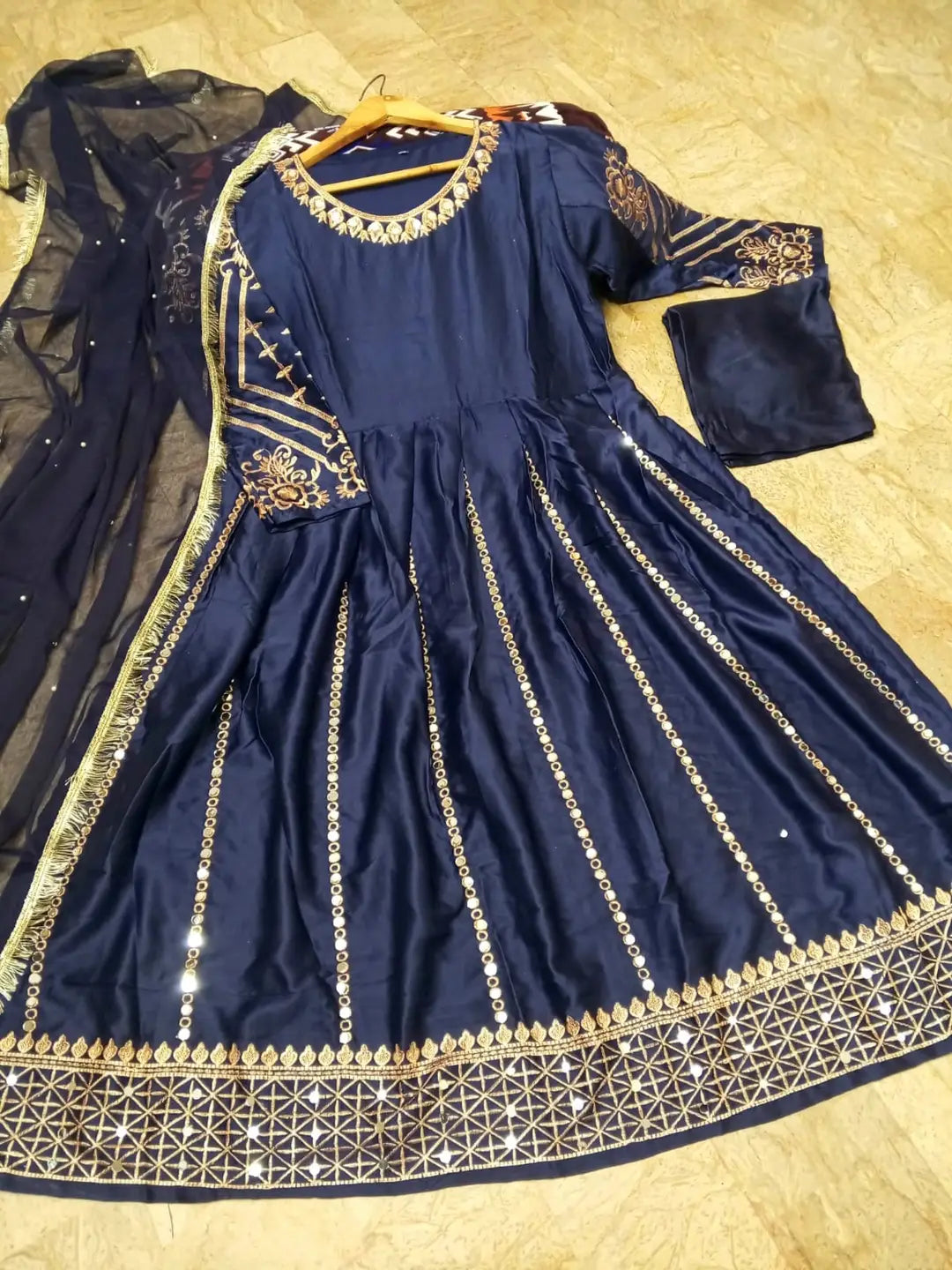 Women's Heavy Embroidered Silk Maxi 3 Piece Suit with Mirror Work, Pearl Lace Chiffon Dupatta & Trouser – Pakistani Party Wear Dress