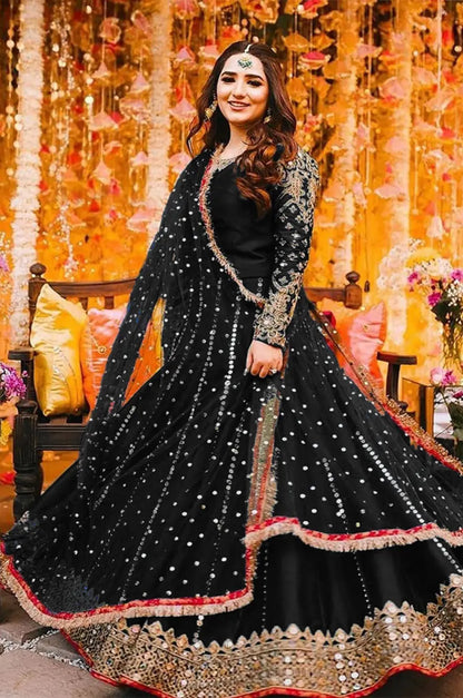 Women's Heavy Embroidered Silk Maxi 3 Piece Suit with Mirror Work, Pearl Lace Chiffon Dupatta & Trouser – Pakistani Party Wear Dress