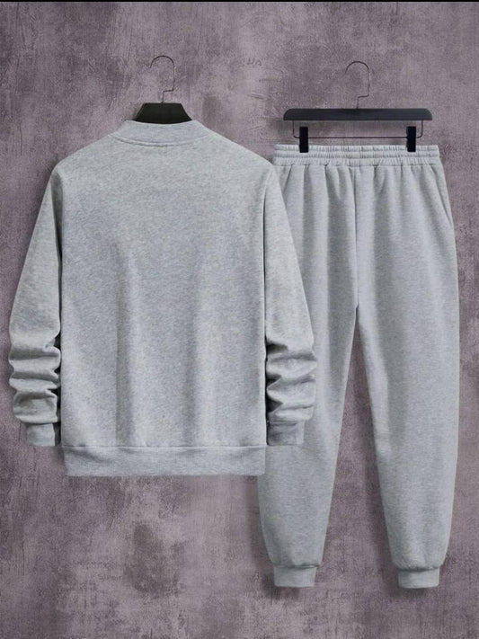 Men's Fleece Zipper Track Suit Plain Grey Slim Fit