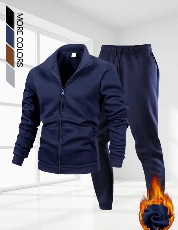 Men Fleece Zip Track Suit Blue Winter Warm