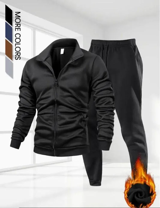 Men Fleece Zip Track Suit Black Winter Warm
