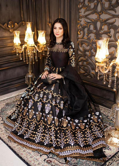 Black Katan Silk Maxi Set with Golden Floral Embroidery