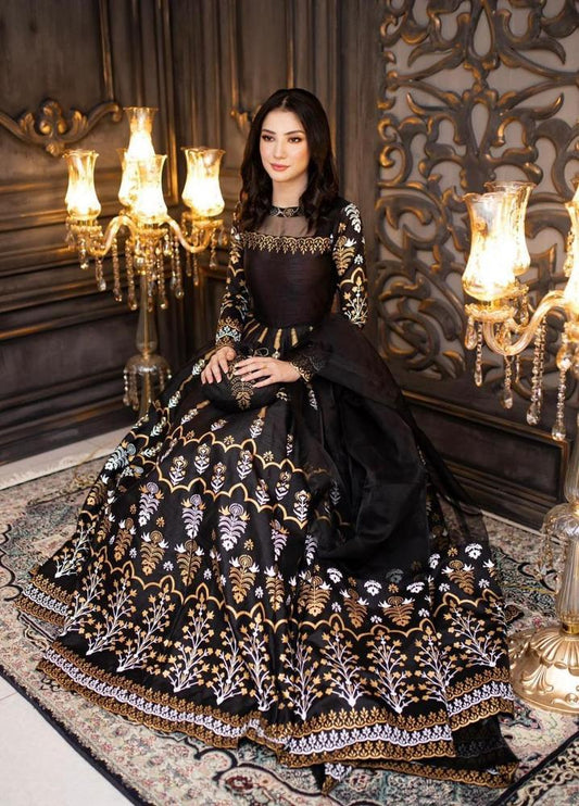Black Katan Silk Maxi Set with Golden Floral Embroidery