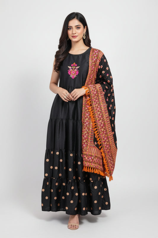 Shamoz Silk Eid Dress Set with Embroidery & Tassels