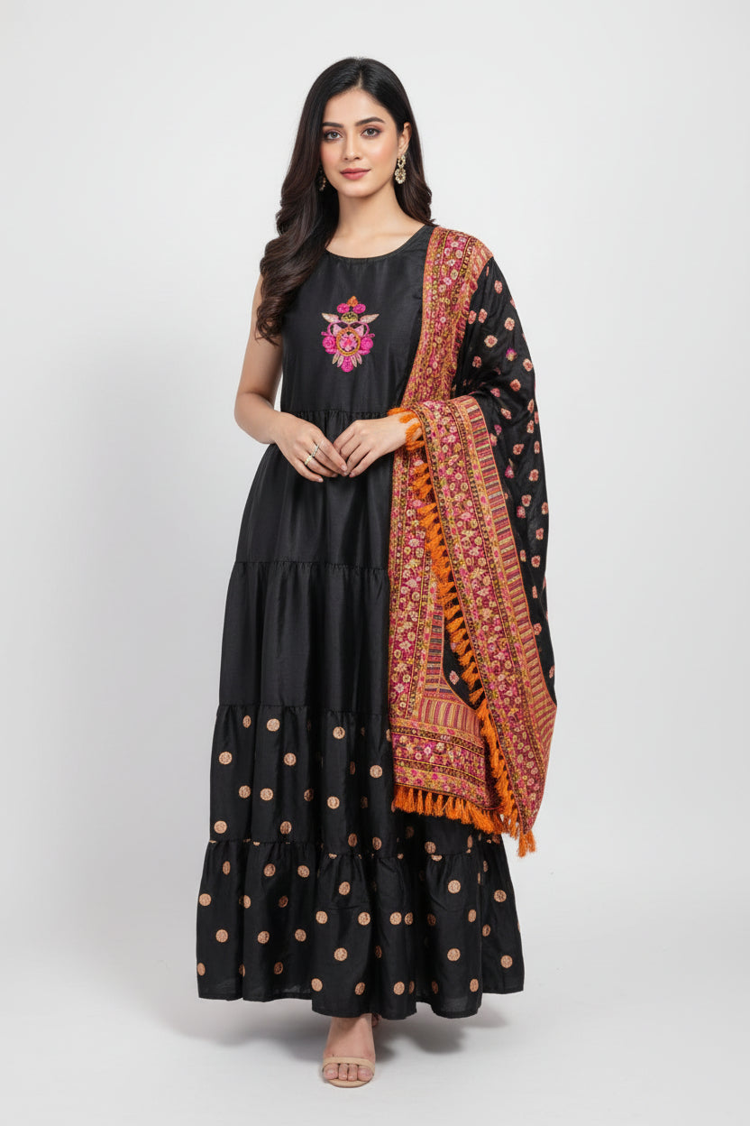 Shamoz Silk Eid Dress Set with Embroidery & Tassels