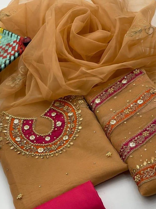 Organza 3-Piece Suit Maroon Gold Embroidery for Weddings