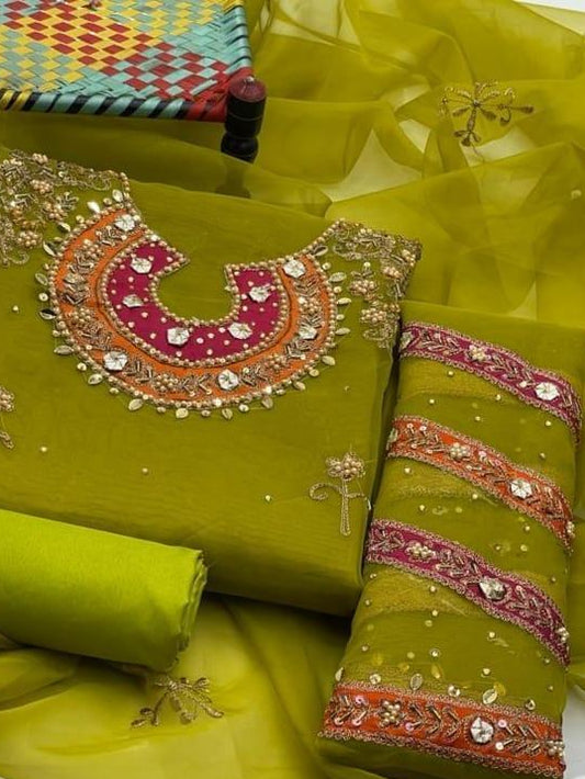 Lime Green Organza 3-Piece Wedding Suit with Embroidery