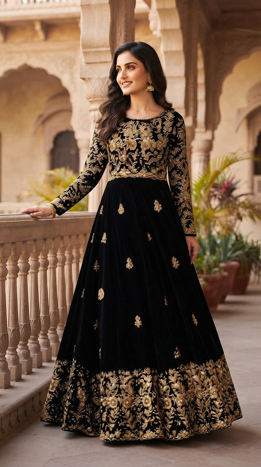 Women’s Black Embroidered Shamoz Silk Maxi Suit – 2 Piece