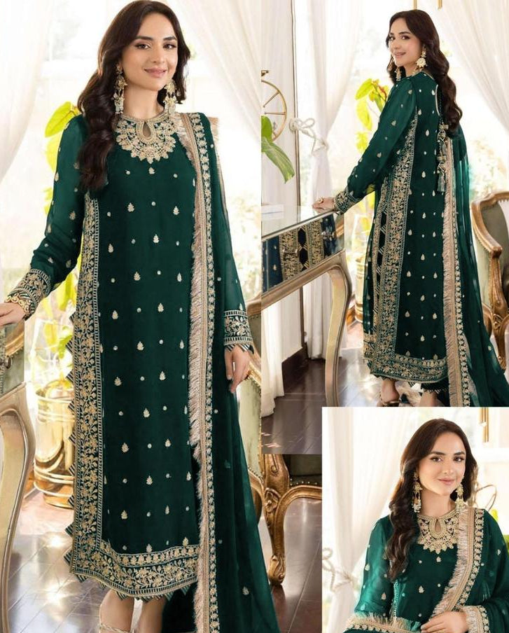 Green Embroidered 3-Piece Crinkle Chiffon Suit Medium to XL