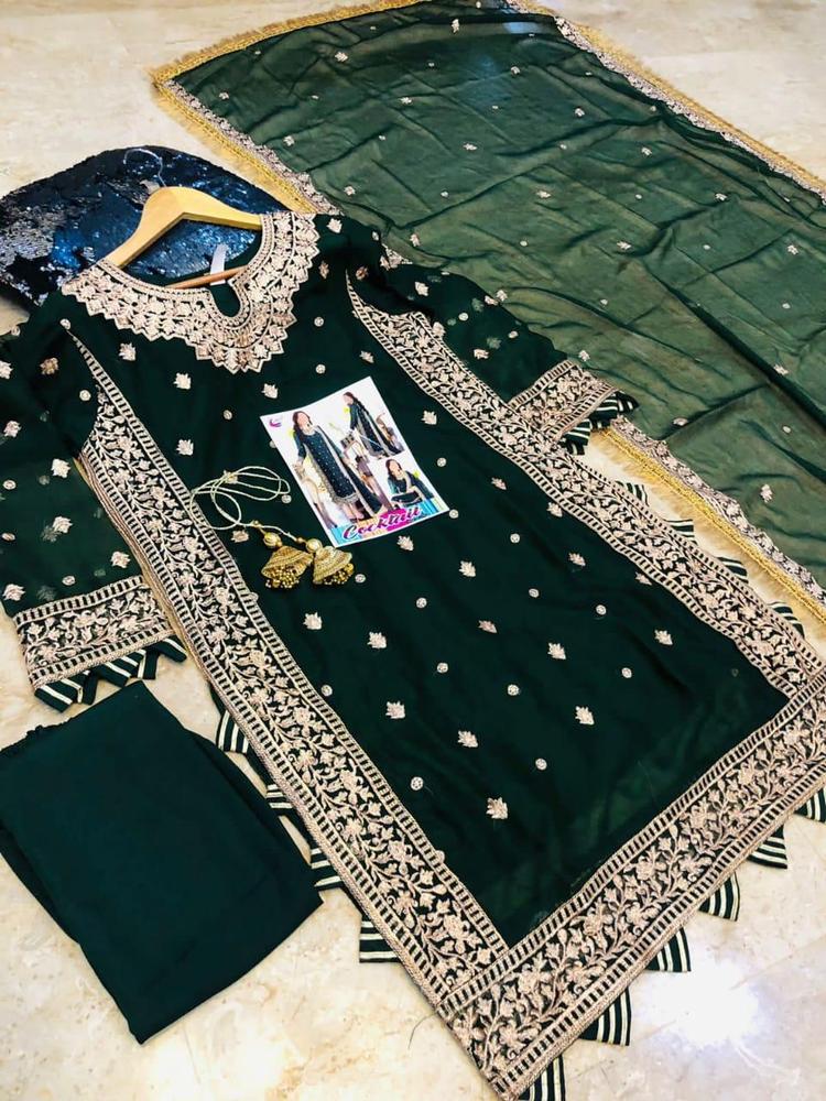 Green Embroidered 3-Piece Crinkle Chiffon Suit Medium to XL