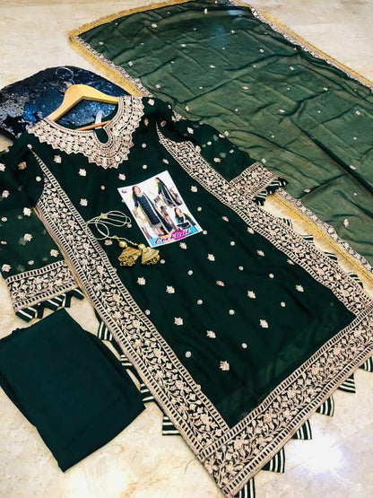 Green Embroidered 3-Piece Crinkle Chiffon Suit Medium to XL