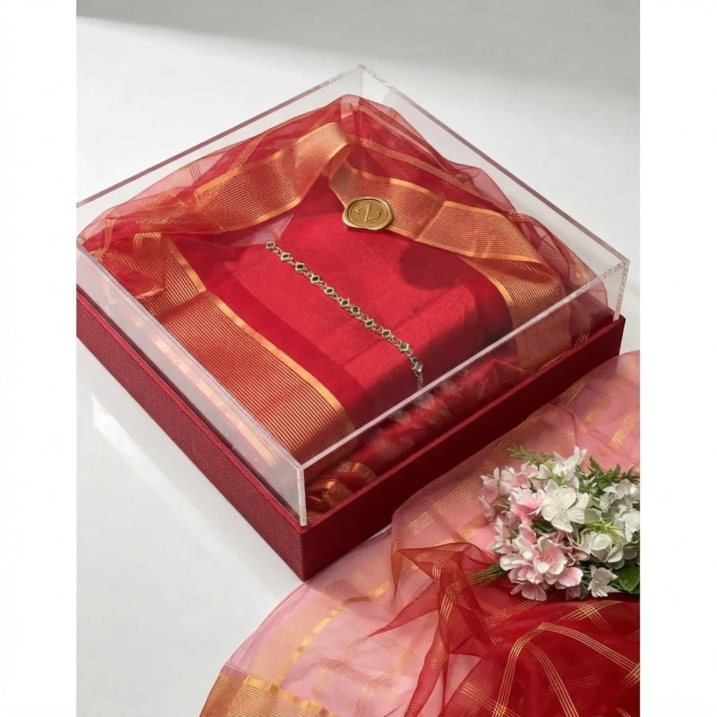 Luxury Red & Gold Embroidered 3-Piece Unstitched Suit