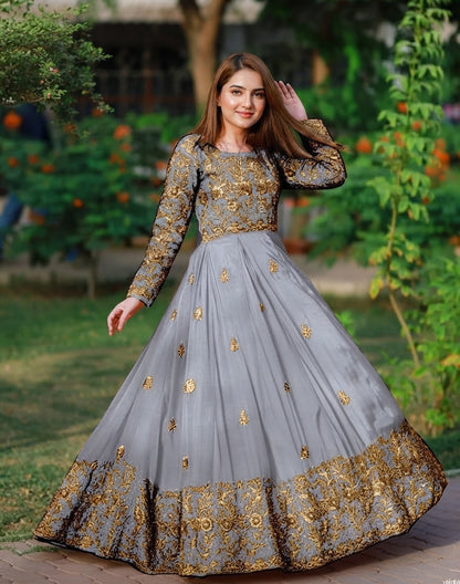 Stitched Grey & Gold Embroidered Shamoz Silk Maxi and Trouser
