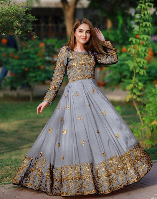 Stitched Grey & Gold Embroidered Shamoz Silk Maxi and Trouser