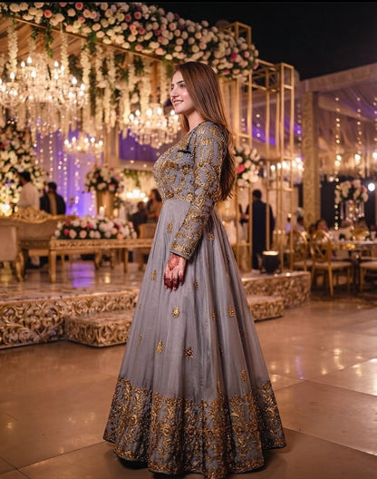 Stitched Grey & Gold Embroidered Shamoz Silk Maxi and Trouser