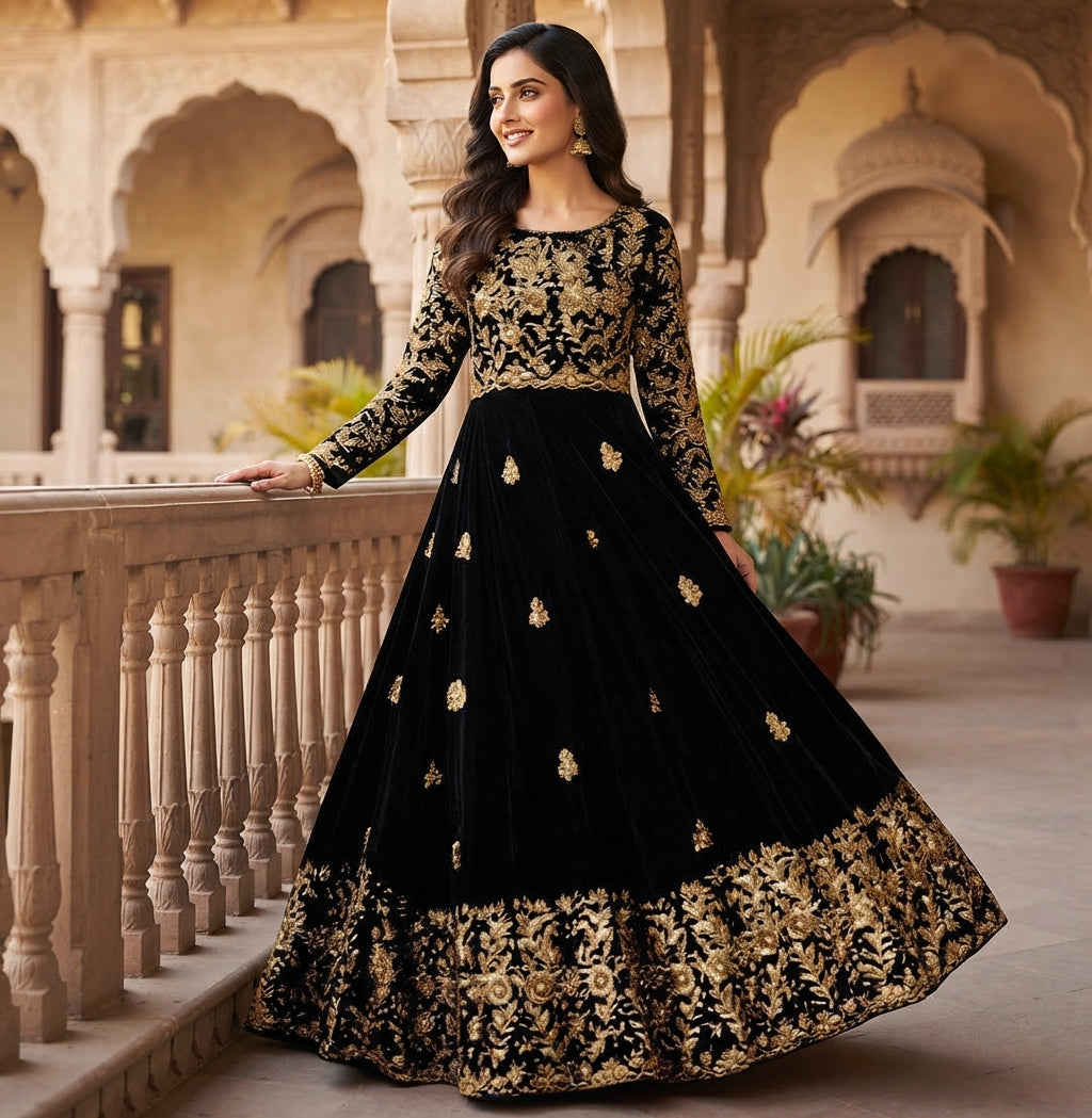 Women’s Black Embroidered Shamoz Silk Maxi Suit – 2 Piece