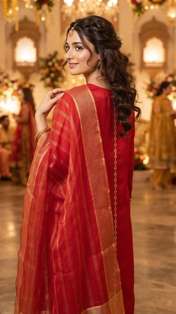 Luxury Red & Gold Embroidered 3-Piece Unstitched Suit