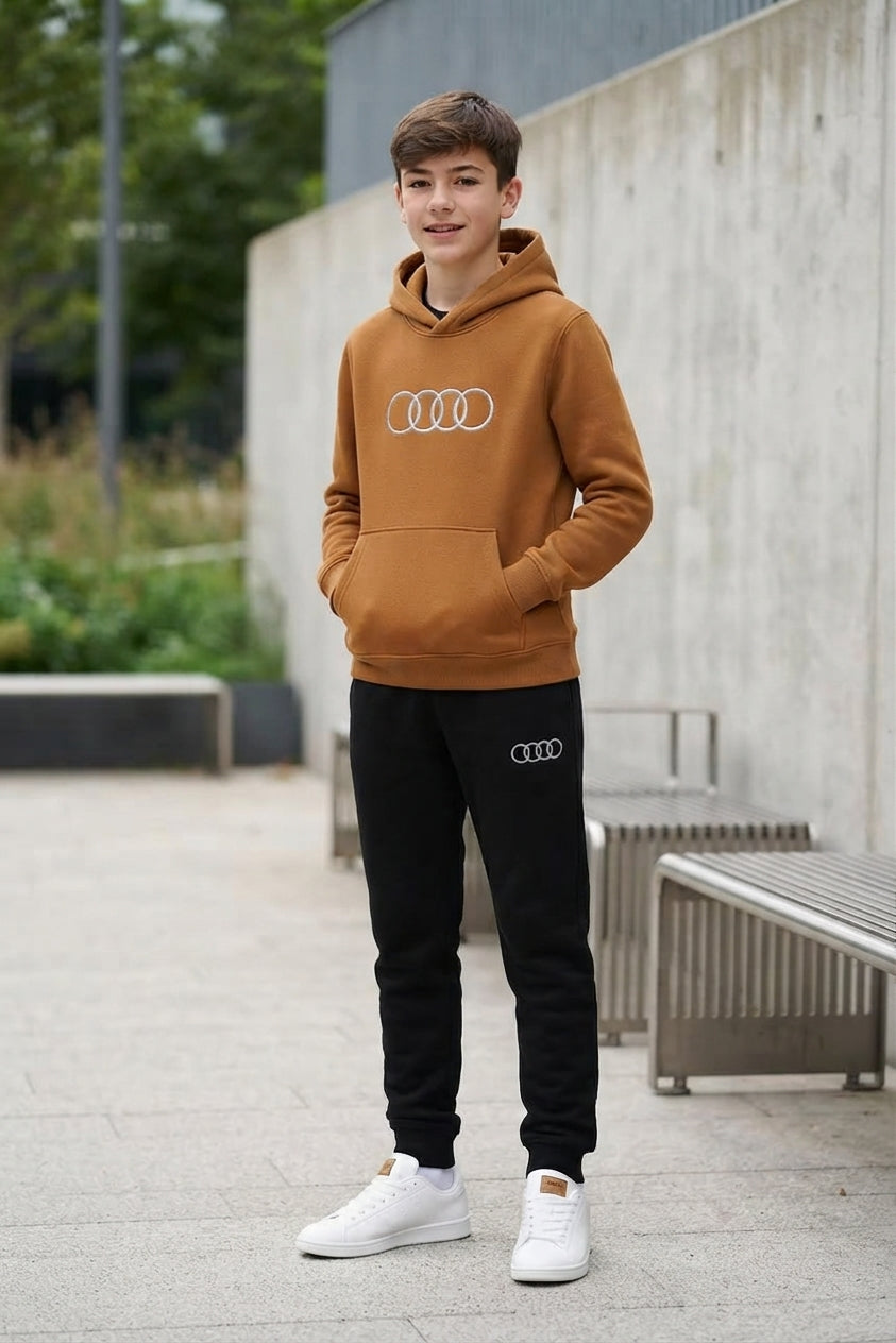 Men Audi Logo Fleece Hoodie Track Suit Brown Black Winter